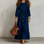 Button?Front Tie?Waist Tiered Ruffle Maxi Dress