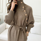 Asymmetric Button Batwing Sleeve Belted Knit Midi Dress