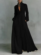 Casual Cotton Linen Maxi Dress High Waist Stand Collar Daily