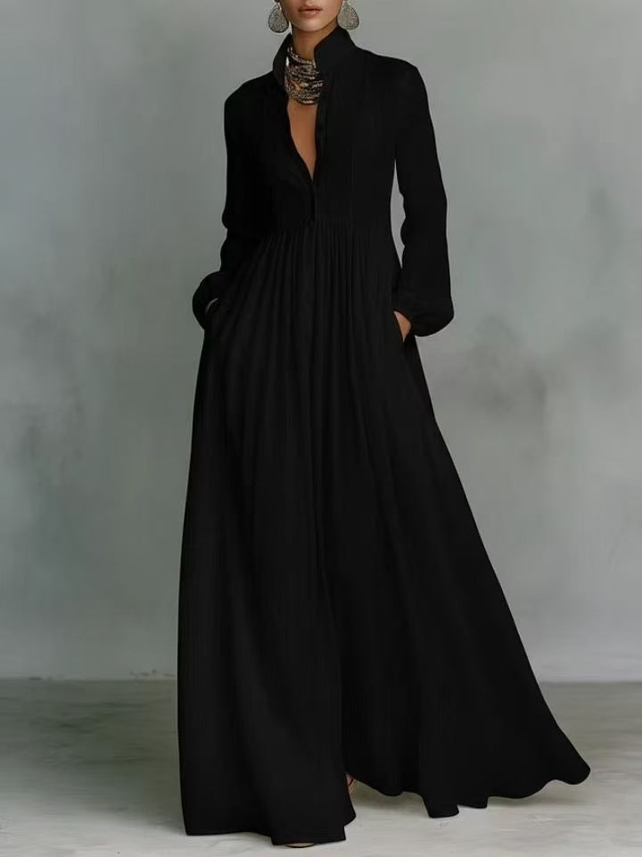 Casual Cotton Linen Maxi Dress High Waist Stand Collar Daily