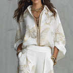 High Waist Wide Leg Pants Two Piece Set, Luxury Satin Elegant Vacation Matching Outfit