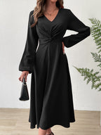 V?Neck Twist?Knot Waist Long?Sleeve Midi Dress