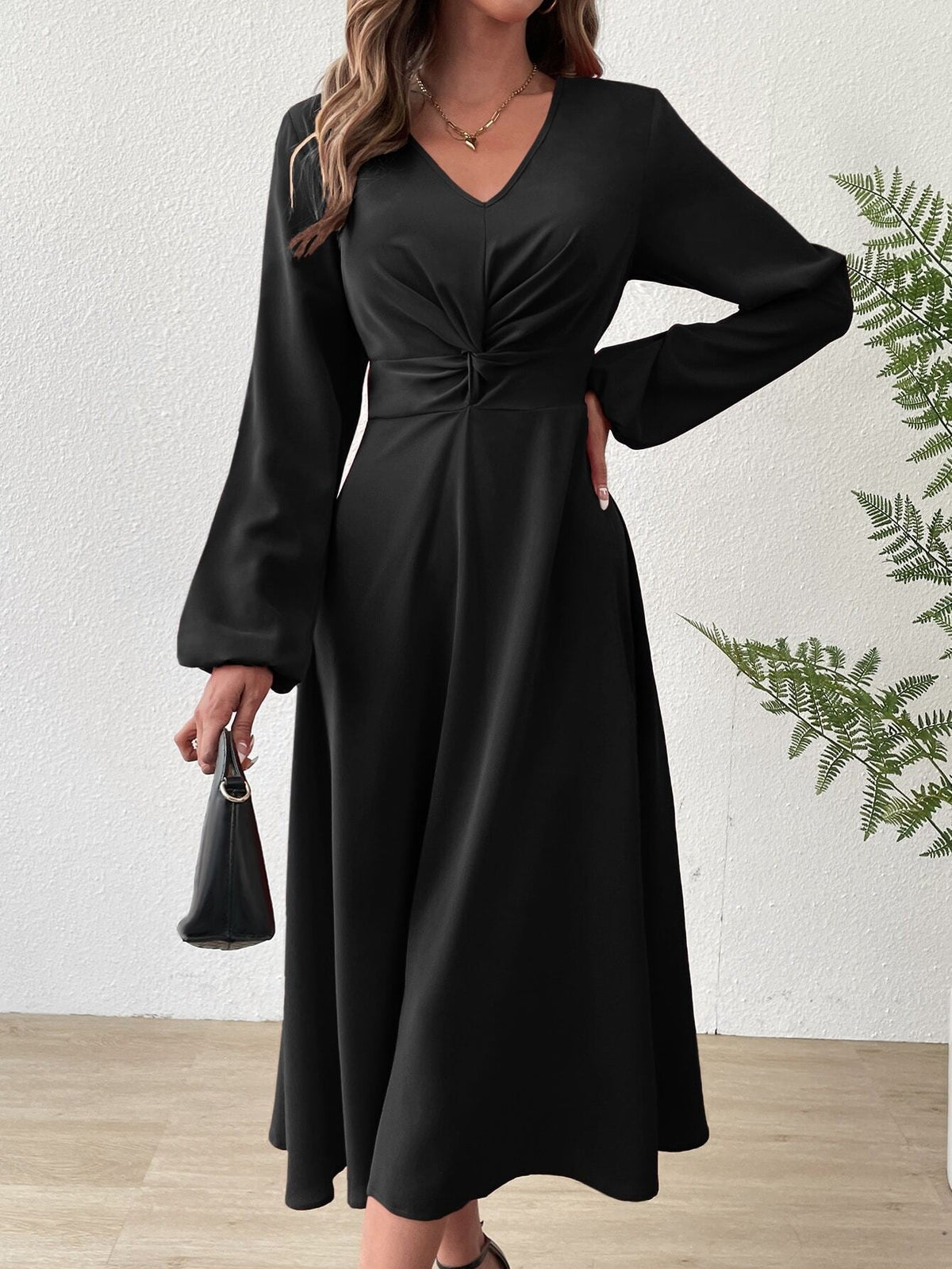 V?Neck Twist?Knot Waist Long?Sleeve Midi Dress