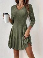 Ribbed Knit V‑Neck Long‑Sleeve Flared Mini Dress
