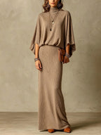 Women's Grey Ribbed Turtleneck Batwing Top & High Waist Maxi Skirt Two Piece Set