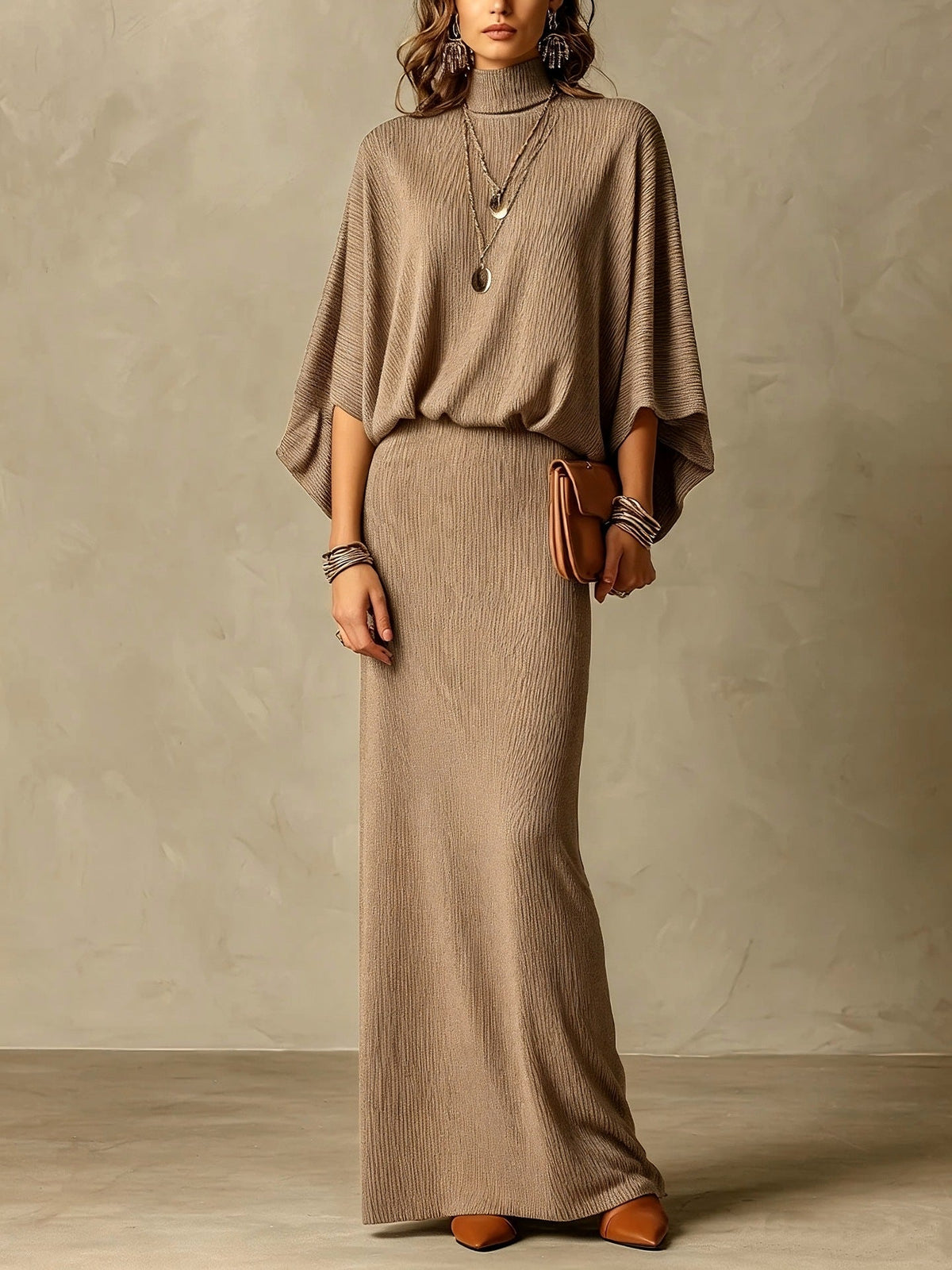 Women's Grey Ribbed Turtleneck Batwing Top & High Waist Maxi Skirt Two Piece Set