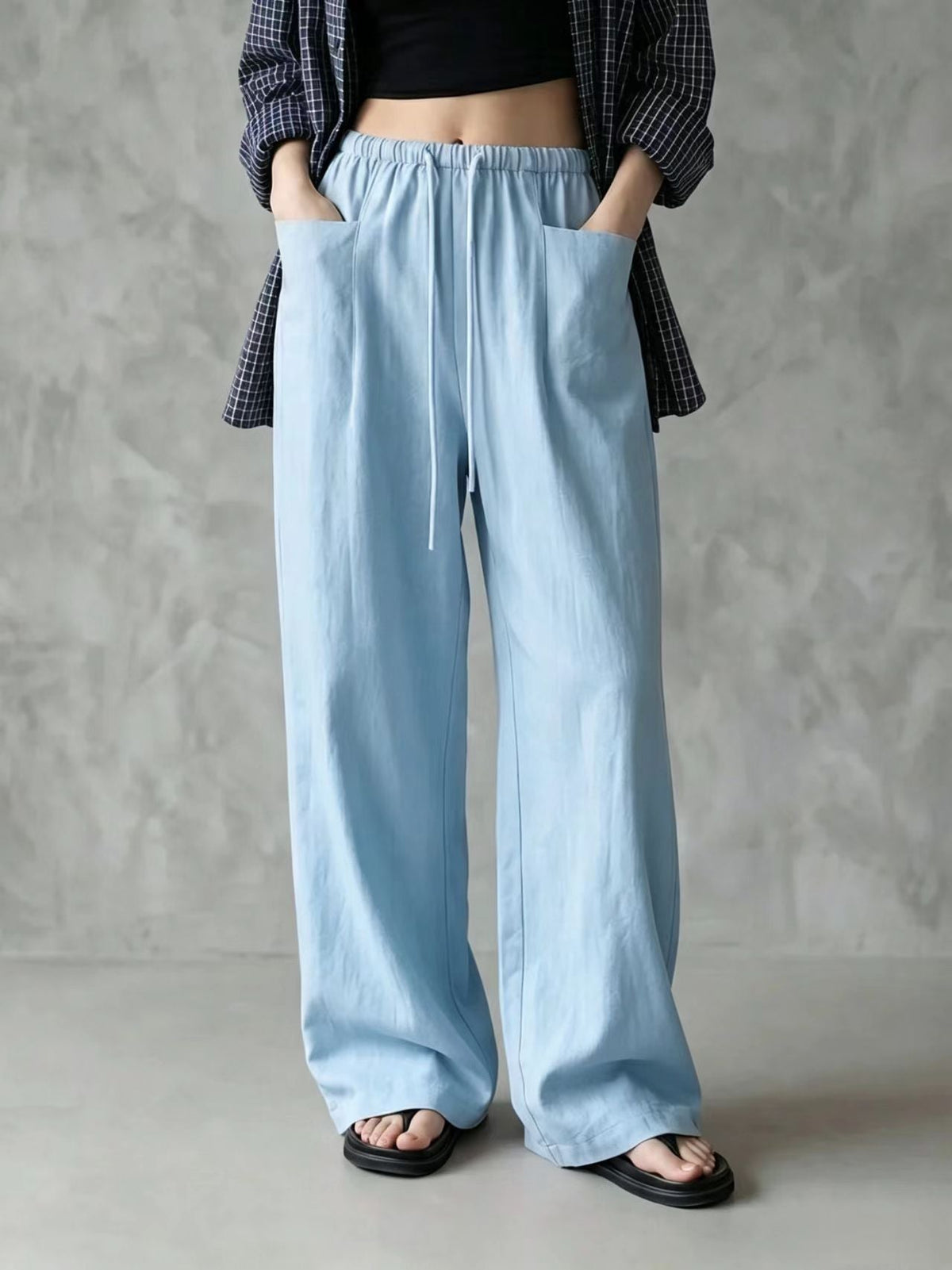 Elastic Drawstring Waist Linen Blend Wide‑Leg Pants