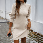 Turtleneck Pearl?Embellished Puff?Sleeve Knit Mini Dress
