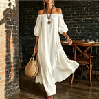 White Off‑Shoulder Balloon Sleeve Flowy Maxi Dress