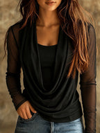 Women's Draped Cowl Neck Long Sleeve Mesh Blouse