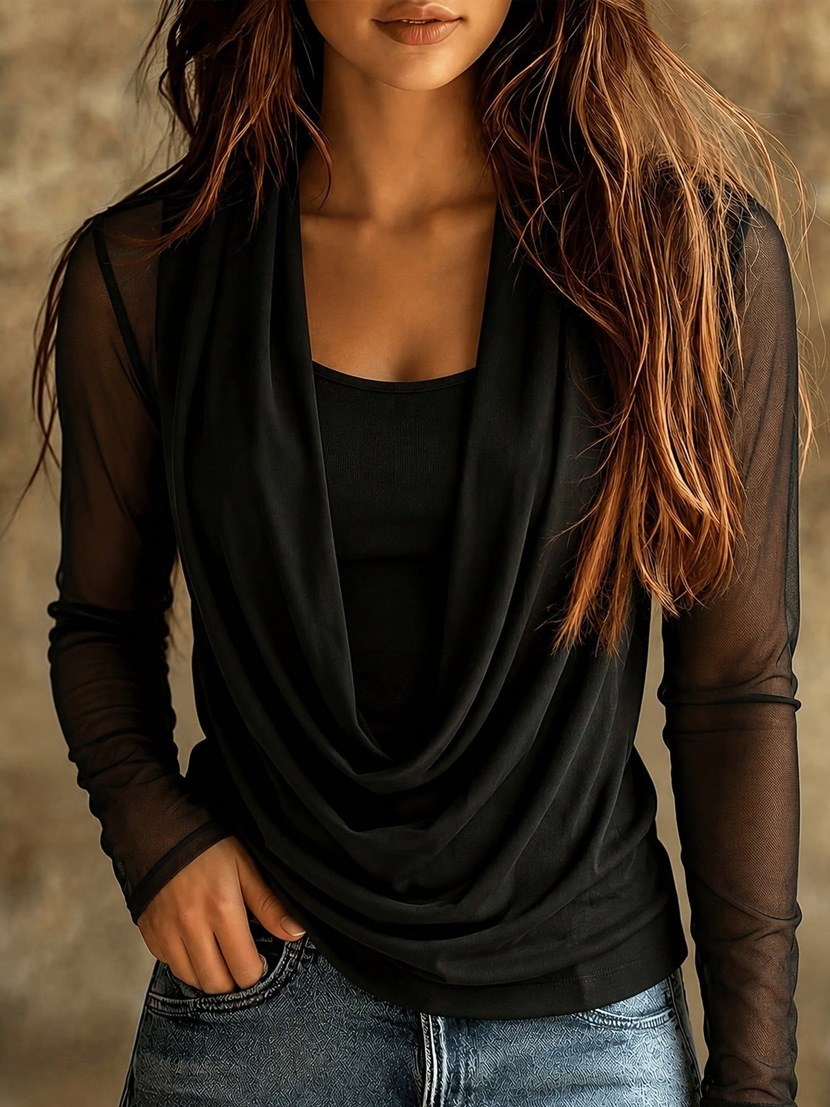 Women's Draped Cowl Neck Long Sleeve Mesh Blouse