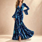 Floral Print V-Neck Bell Sleeve Maxi Dress