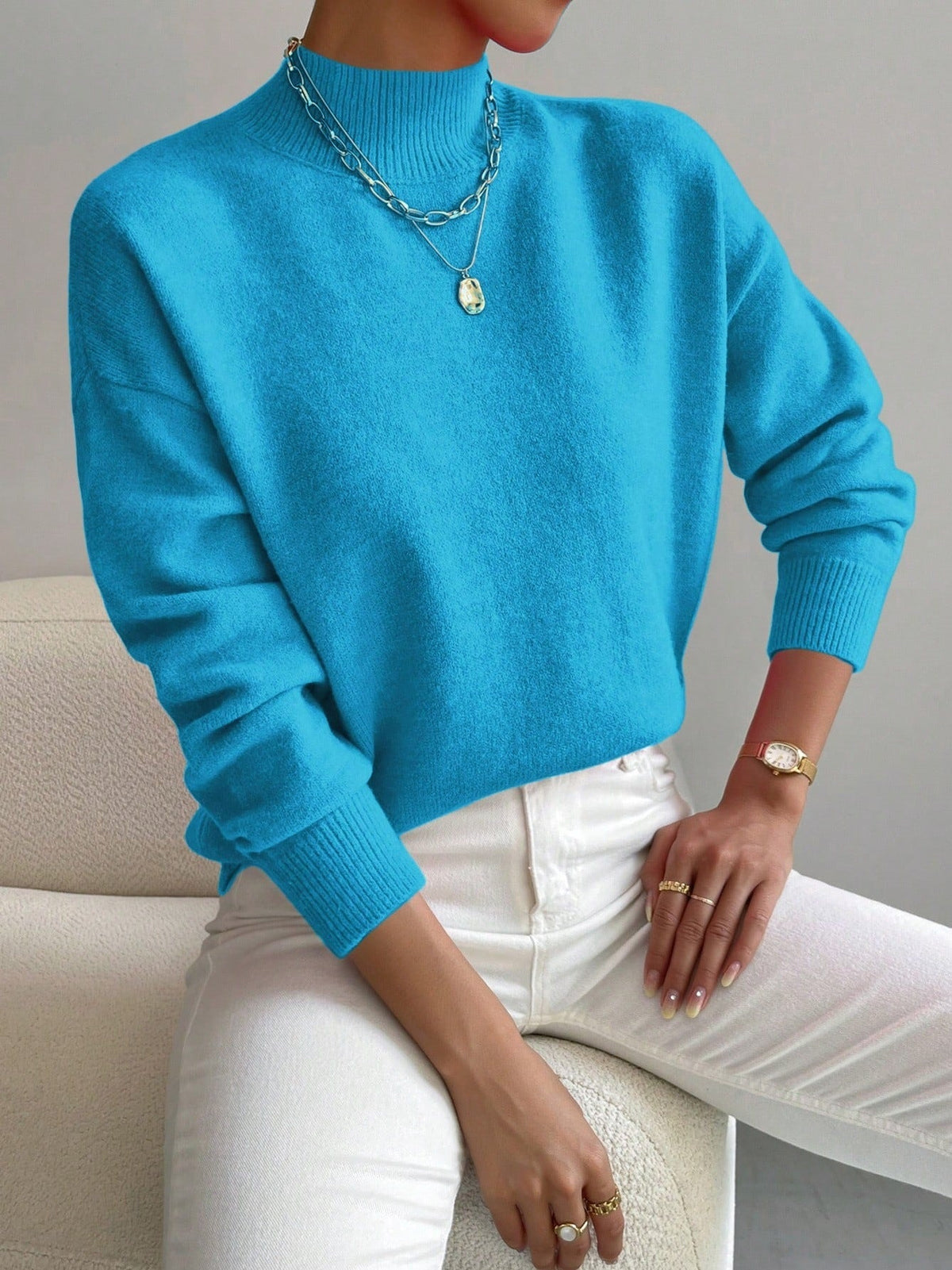 Women's Solid Mock Neck Long Sleeve Knit Sweater