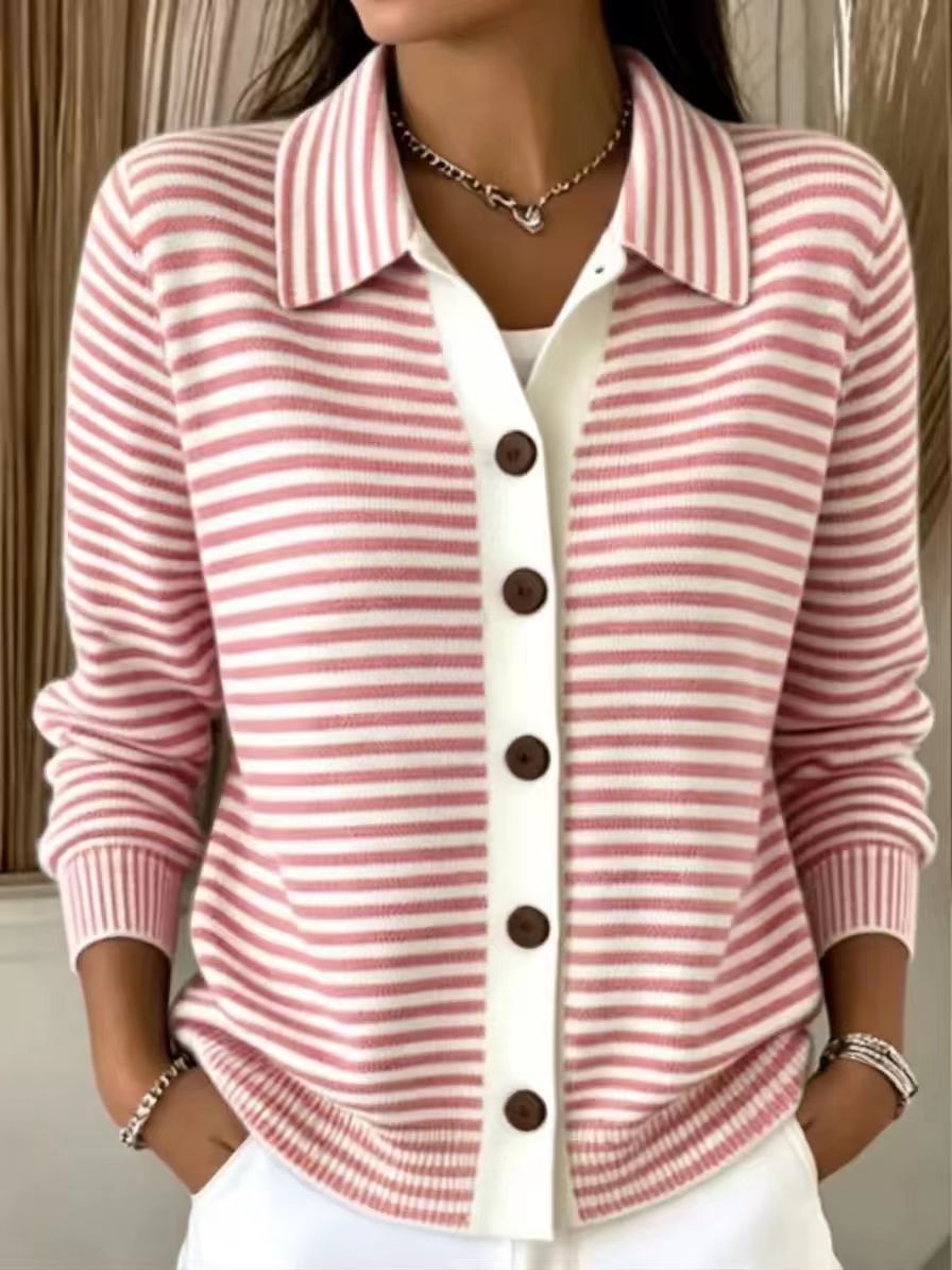 Women's Green?White Stripe Collared Button Front Knit Cardigan