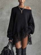 Black Oversized Mini Dress With Lace Hem