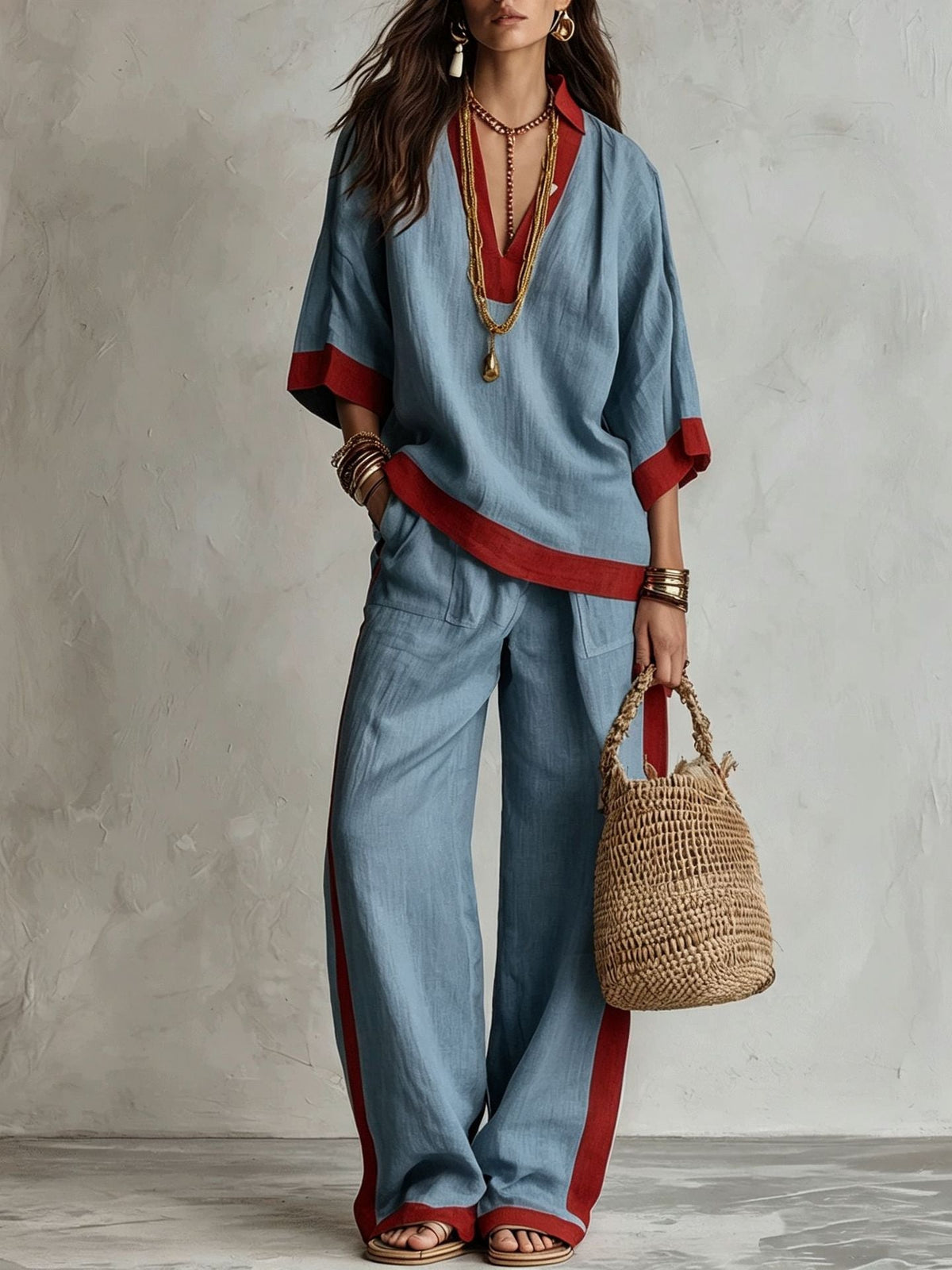 Contrast Trim Linen Two Piece Set