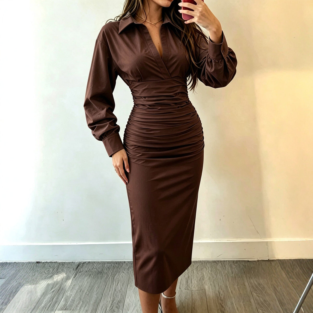 Collared Wrap V?Neck Ruched Waist Balloon Sleeve Bodycon Midi Shirt Dress