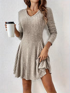 Ribbed Knit V‑Neck Long‑Sleeve Flared Mini Dress