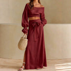 Linen?Blend Off?Shoulder Crop Top & Tie?Waist Slit Maxi Skirt Two?Piece Set