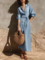 Linen?Blend Belted Button?Front Collared Midi Shirt Dress