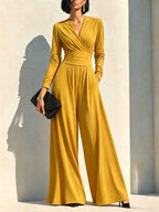 Elegant Chocolate Brown Long Sleeve Wrap Wide Leg Jumpsuit with Waist Detail