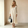 V?Neck Long?Sleeve Tiered Ruffle?Hem Midi Dress