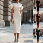 Round Neck Double?Layer Ruffle Flutter Sleeve Bodycon Midi Dress