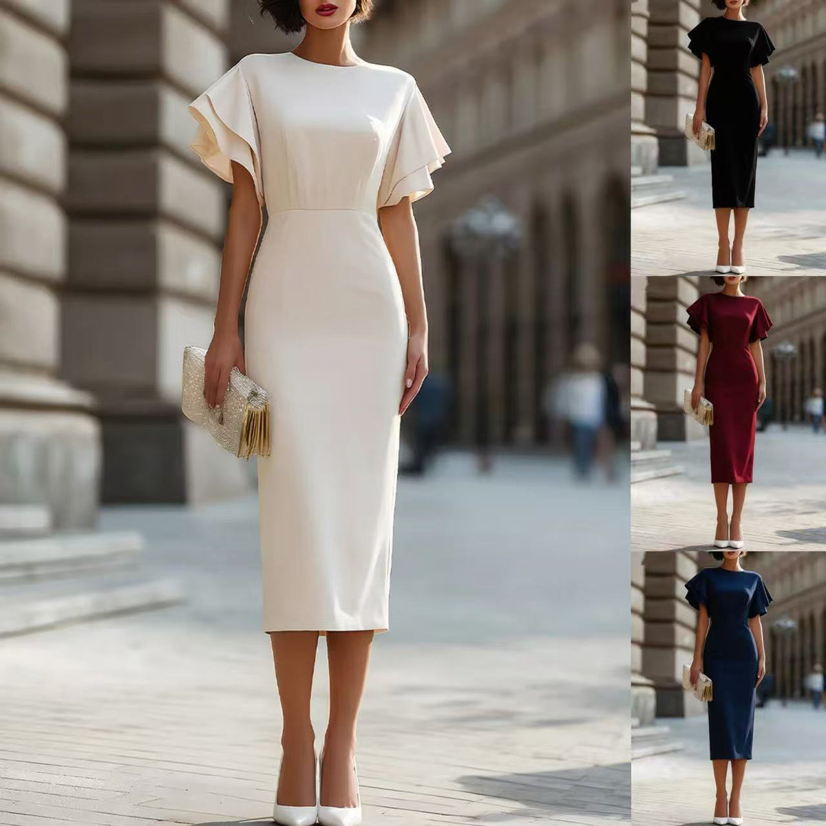 Round Neck Double?Layer Ruffle Flutter Sleeve Bodycon Midi Dress