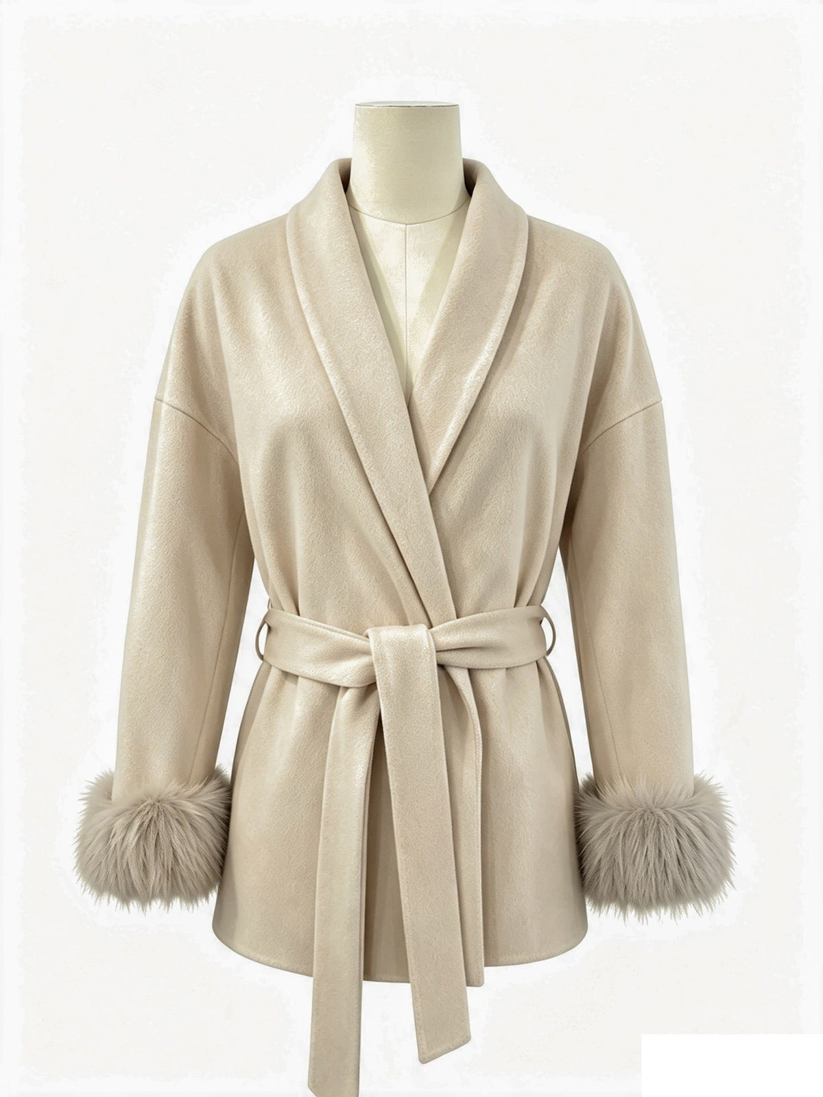 Cozy Belted Wrap Coat with Plush Fur Cuffs
