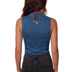 Semi-Sheer Mesh Denim Corset Top