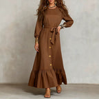Button?Front Tie?Waist Tiered Ruffle Maxi Dress