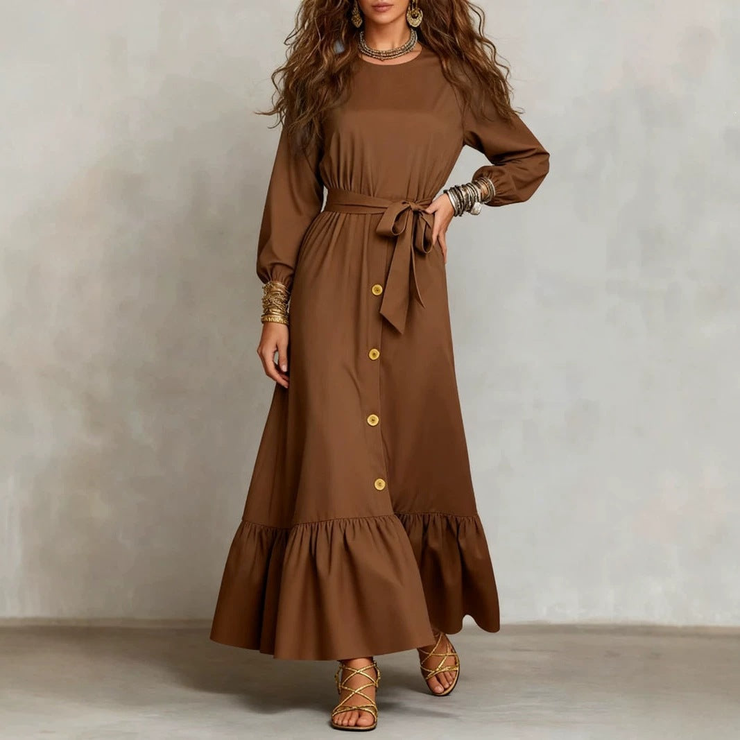 Button?Front Tie?Waist Tiered Ruffle Maxi Dress