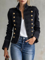 Women’s Stand Collar Double Breasted Gold Button Decor Denim Jacket