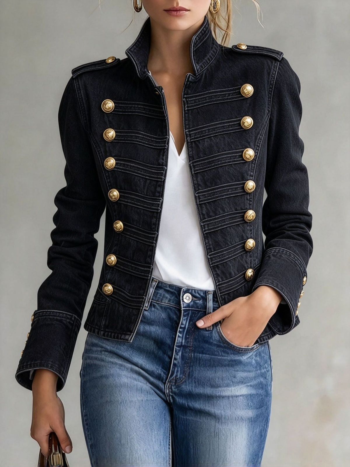Women’s Stand Collar Double Breasted Gold Button Decor Denim Jacket