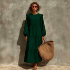 Women's Solid Emerald Green Ruffle Shoulder Tiered Long?Sleeve Maxi Dress