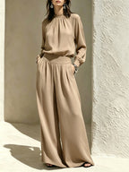 Women's Gathered High‑Neck Blouse & Pleated Wide‑Leg Pants Two‑Piece Set