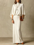 Women's Grey Ribbed Turtleneck Batwing Top & High Waist Maxi Skirt Two Piece Set