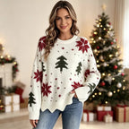 Christmas Tree & Snowflake Pattern Scalloped Hem Oversized Knit Sweater