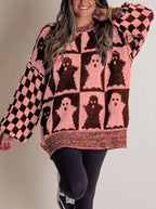 Women's Halloween Ghost & Pumpkin Checkerboard Print Oversized Long Sleeve Knit Sweater