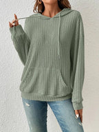 Ribbed Knit Drawstring Hoodie with Kangaroo Pocket