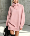 Women's Solid Pink Button-Detail Cowl Neck Long Sweatshirt Tunic Dress