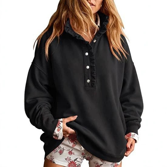 Ruffle Collar Half-Button Oversized Sweatshirt