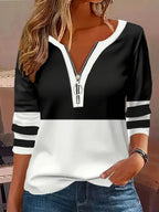 Color‑Block Half‑Zip 3/4 Sleeve Casual Top