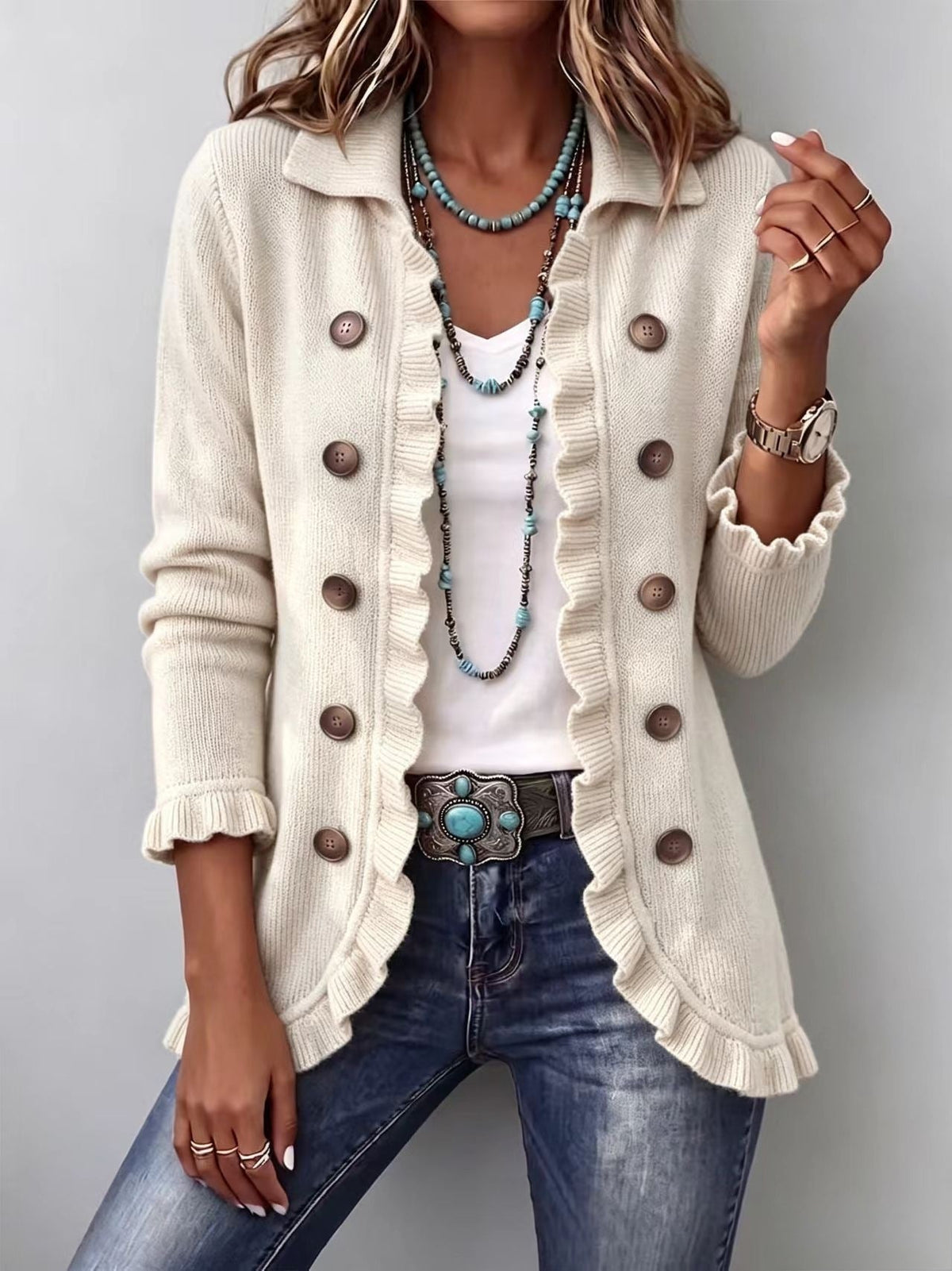 Women's Turquoise Ruffled Knit Cardigan Long Sleeve Button-Down Casual Jacket