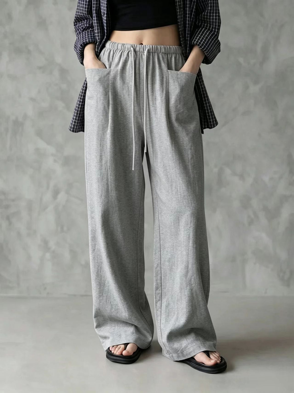 Elastic Drawstring Waist Linen Blend Wide‑Leg Pants