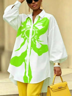 Abstract Print Balloon Sleeve Shirt – Oversized Button-Down