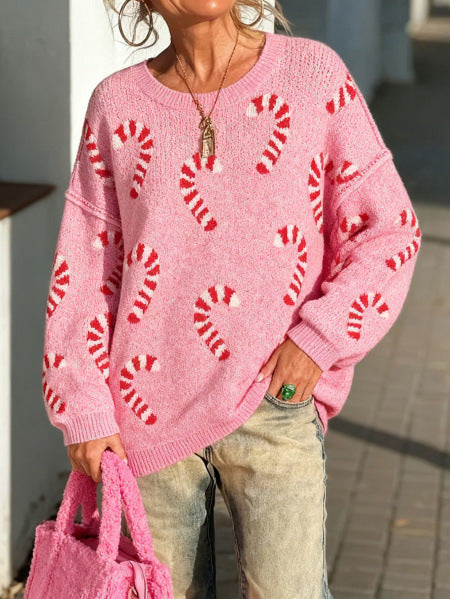 Women's Plus Size Crew Neck Candy Cane Print Long Sleeve Christmas Knit Sweater