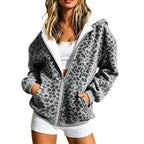 Leopard Print Zip Up Hooded Fleece Jacket for Women