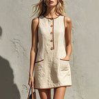 Sleeveless Button Front Casual Mini Dress with Pockets