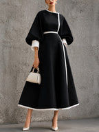 Women¡¯s Solid Navy Contrast?Trim Balloon?Sleeve Belted Maxi Dress - Black / S